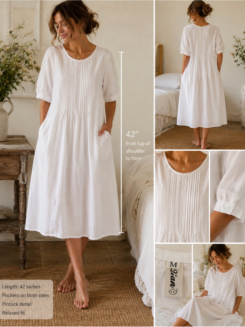 White Pintuck Cottagecore Midi Dress | Romantic Heirloom Prairie Lounge Dress - Picture 2 of 11